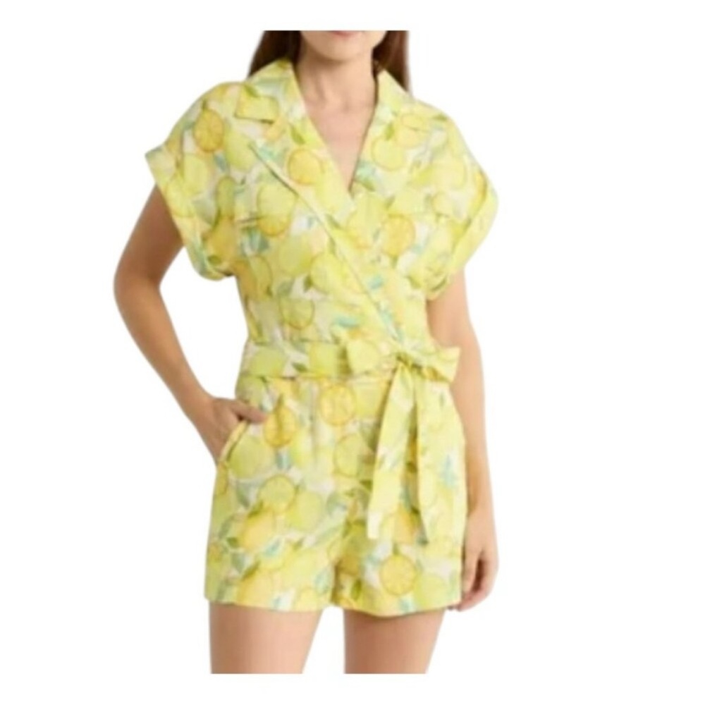 Avec Les Filles Yellow Lemon Print Short Sleeve Romper